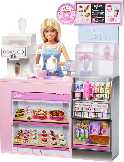 Barbie Koffiebar, speelset met blonde baristapop en 12 accessoires, waaronder koffiezetapparaat/smoothiemaker, levensmiddelen, kopjes en meer, HXN94