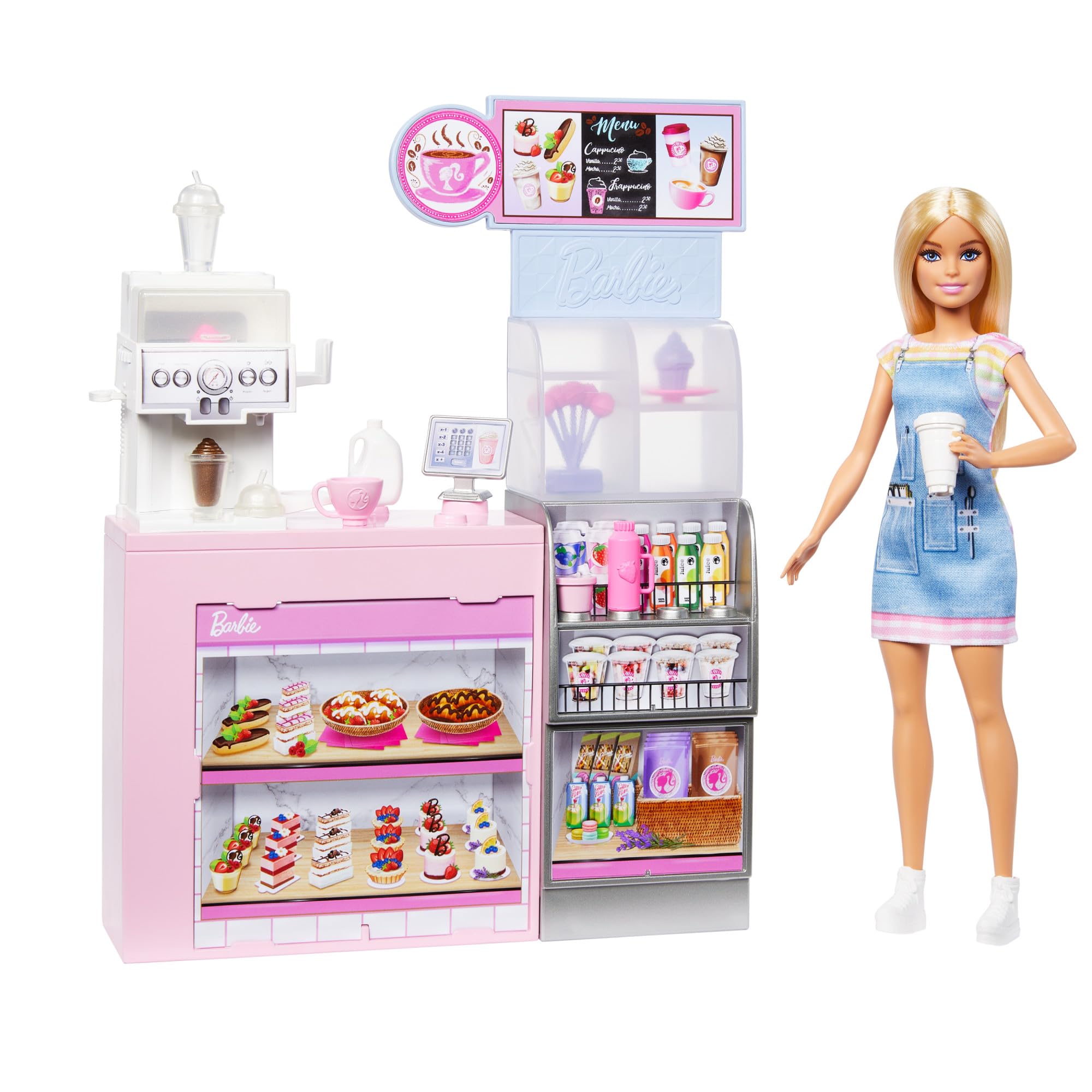 Barbie Koffiebar, speelset met blonde baristapop en 12 accessoires, waaronder koffiezetapparaat/smoothiemaker, levensmiddelen, kopjes en meer, HXN94