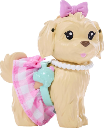 Barbie Twinning Looks Puppe mit Hündchen im Partnerlook mit rosa Gingham-Outfits und Accessoires wie Sonnenbrillen, Halsketten und Schleifen, blond, JFP36