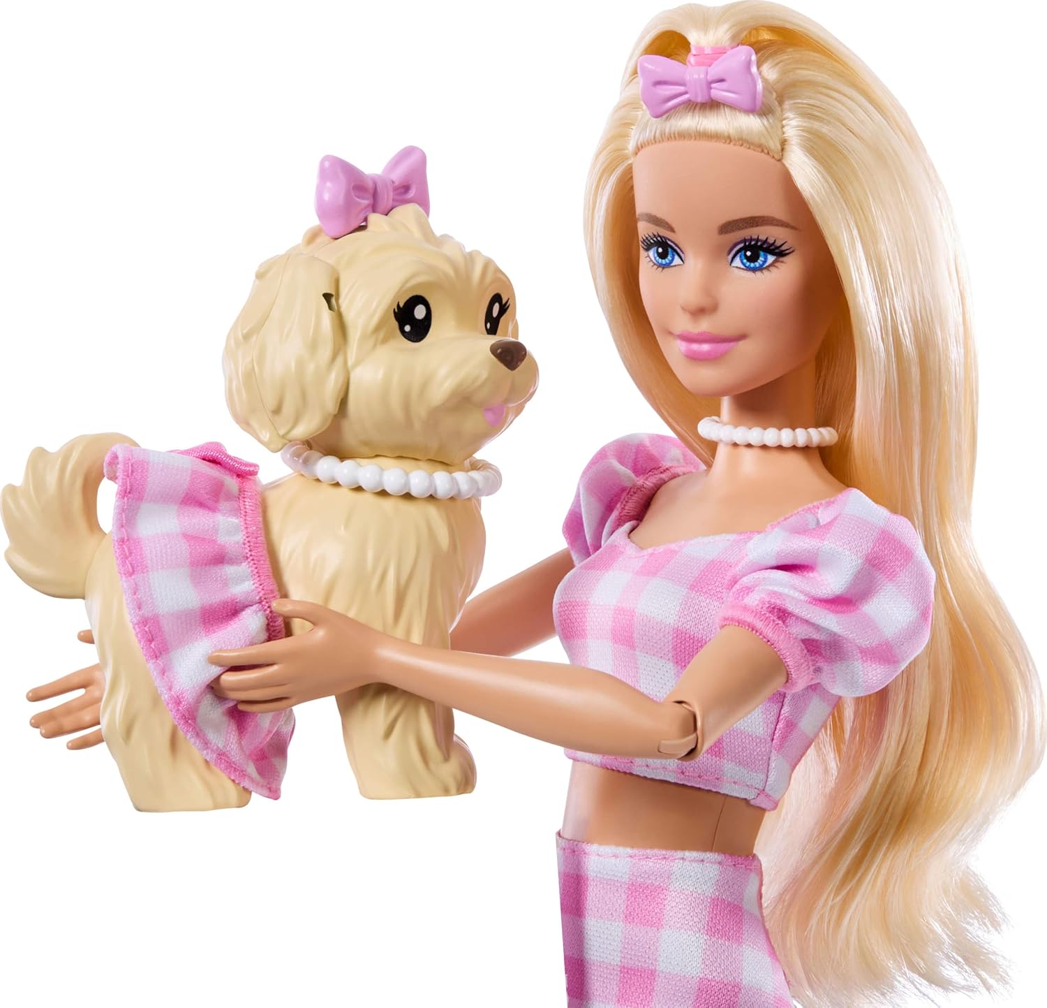 Barbie Twinning Looks Puppe mit Hündchen im Partnerlook mit rosa Gingham-Outfits und Accessoires wie Sonnenbrillen, Halsketten und Schleifen, blond, JFP36
