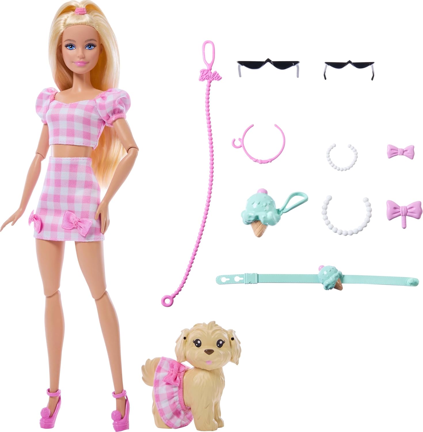 Barbie Twinning Looks Puppe mit Hündchen im Partnerlook mit rosa Gingham-Outfits und Accessoires wie Sonnenbrillen, Halsketten und Schleifen, blond, JFP36