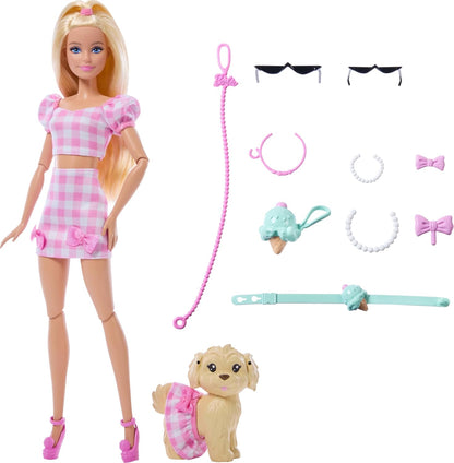 Barbie Twinning Looks Puppe mit Hündchen im Partnerlook mit rosa Gingham-Outfits und Accessoires wie Sonnenbrillen, Halsketten und Schleifen, blond, JFP36