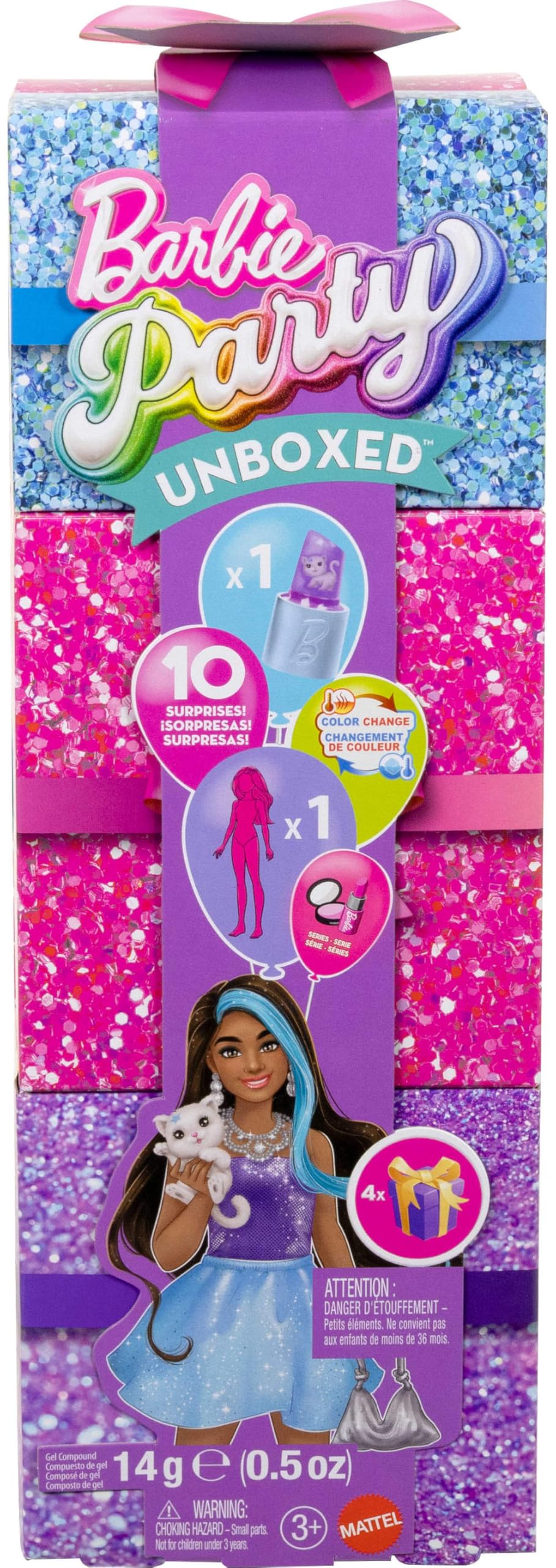 Barbie Party Unboxed Doll & Accessories, Glam Party Series with 10 Surprises Including Color-Change, Purple Sparkle Doll, JFY66