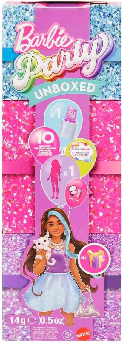 Barbie Party Unboxed Doll & Accessories, Glam Party Series with 10 Surprises Including Color-Change, Purple Sparkle Doll, JFY66