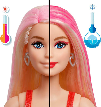 Barbie Uitpakparty Pop en Accessoires, Chic Feestje Serie met 10 Verrassingen, Waaronder Kleurverandering, Pop met Rode Glitters, JFY68