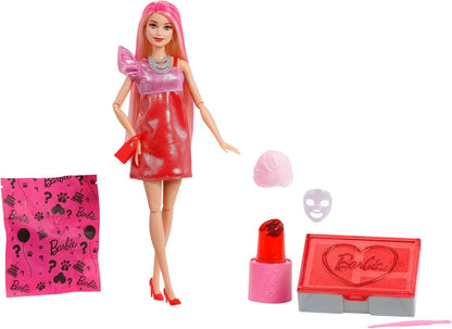 Barbie Uitpakparty Pop en Accessoires, Chic Feestje Serie met 10 Verrassingen, Waaronder Kleurverandering, Pop met Rode Glitters, JFY68