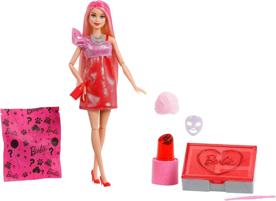 Barbie Uitpakparty Pop en Accessoires, Chic Feestje Serie met 10 Verrassingen, Waaronder Kleurverandering, Pop met Rode Glitters, JFY68
