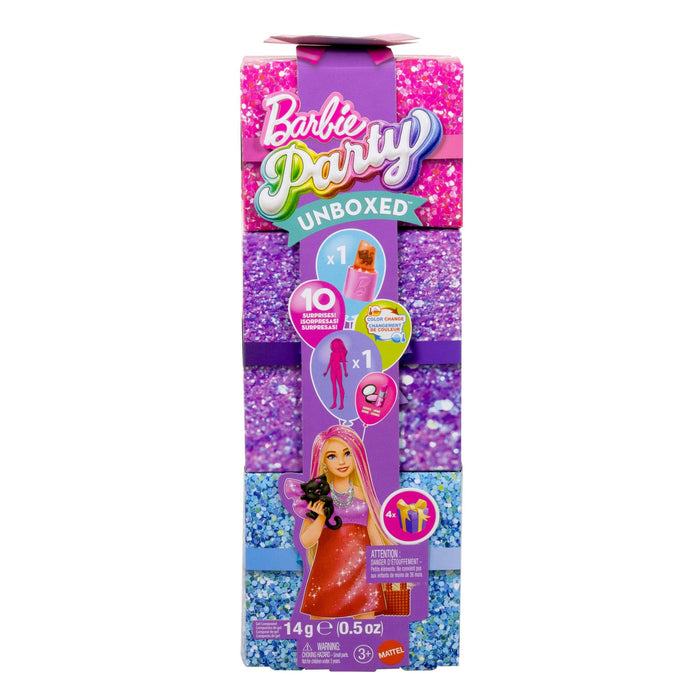 Barbie Uitpakparty Pop en Accessoires, Chic Feestje Serie met 10 Verrassingen, Waaronder Kleurverandering, Pop met Rode Glitters, JFY68