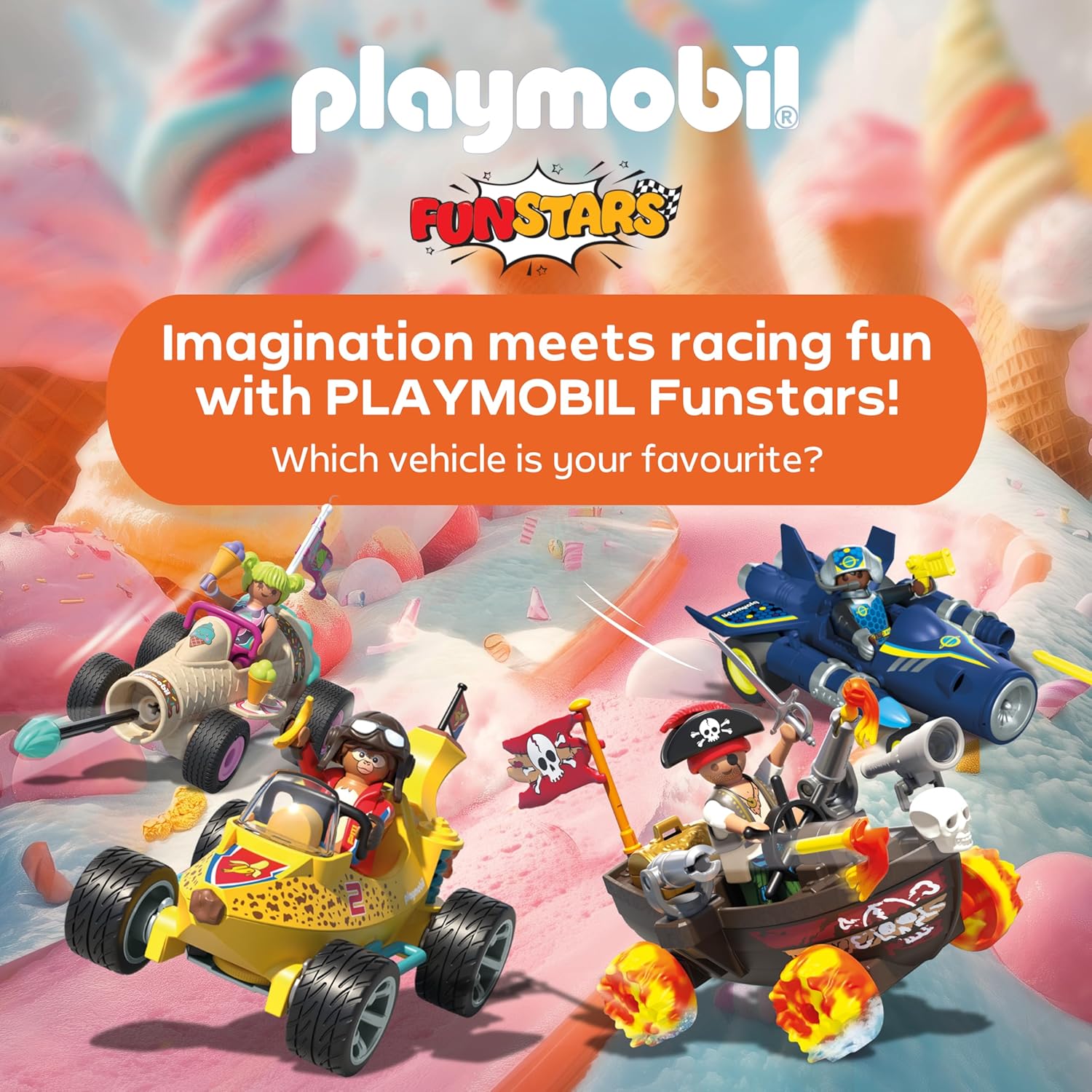 Playmobil | Fun Stars | Racing ice cream cone | Toy from 4 years | Gift for children | Toy car | With pull-back motor & shooting function | 71717