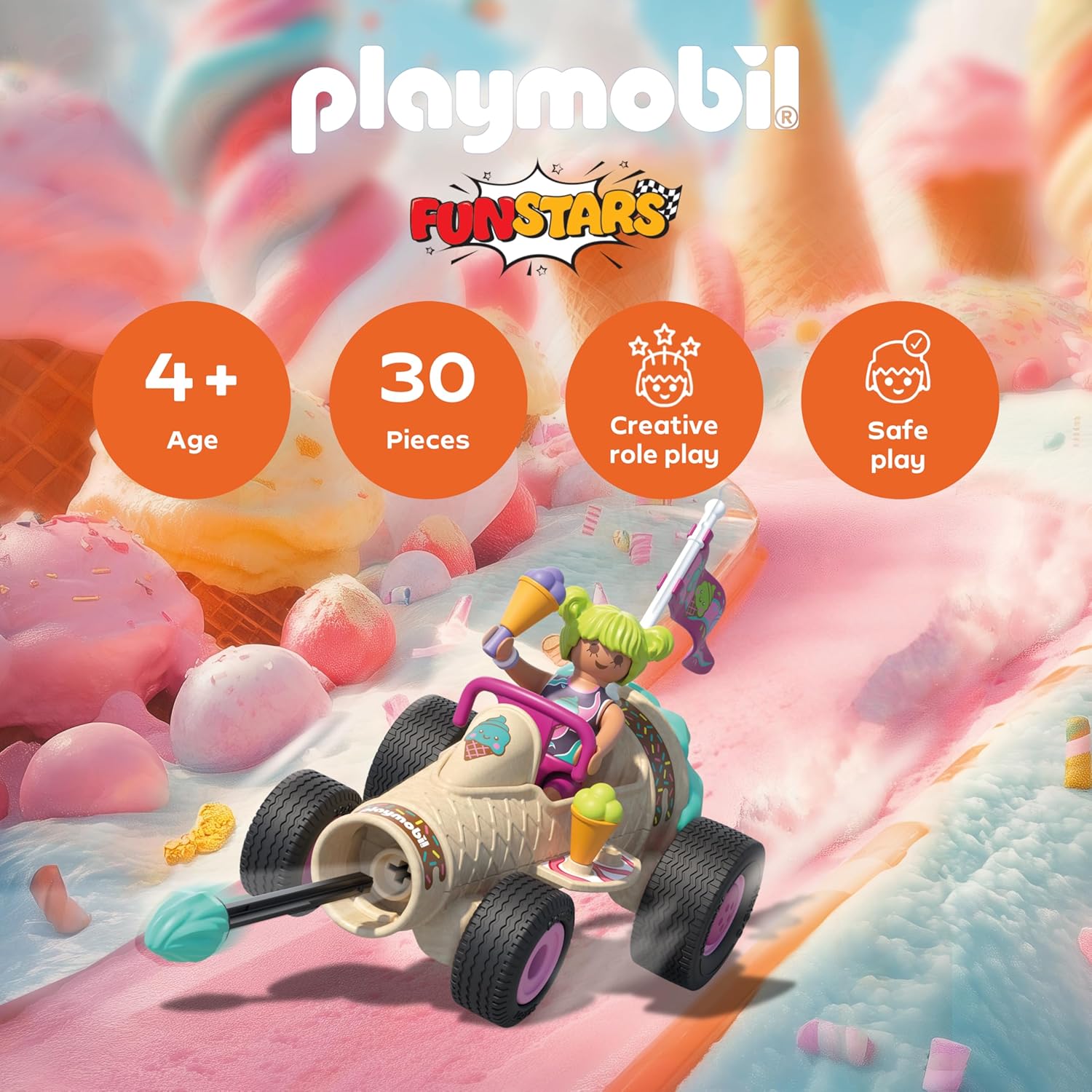 Playmobil | Fun Stars | Racing ice cream cone | Toy from 4 years | Gift for children | Toy car | With pull-back motor & shooting function | 71717