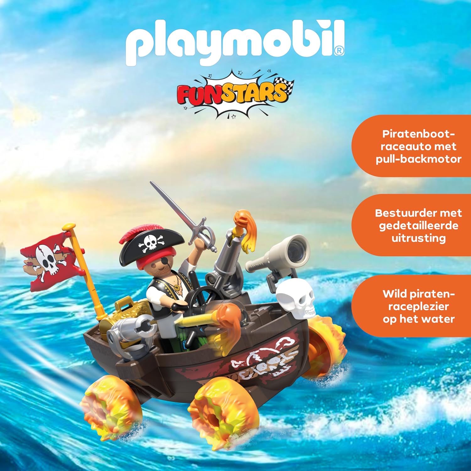 PLAYMOBIL Fun Stars 71720 Piratenboot, speelgoed vanaf 4 jaar, cadeau voor kinderen, speelgoedauto, met terugtrekmotor en schietfunctie