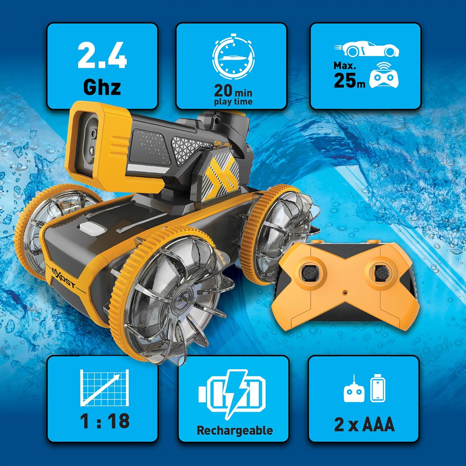 SilverLit Exost Hydro Blast RC Car for Kids with Water Blaster and Dual Land and Water Mode | Shoots Water up to 5 Metres with Auto Refill | 2 Speed Settings, 2.4GHz Remote, Rechargeable Battery 5+