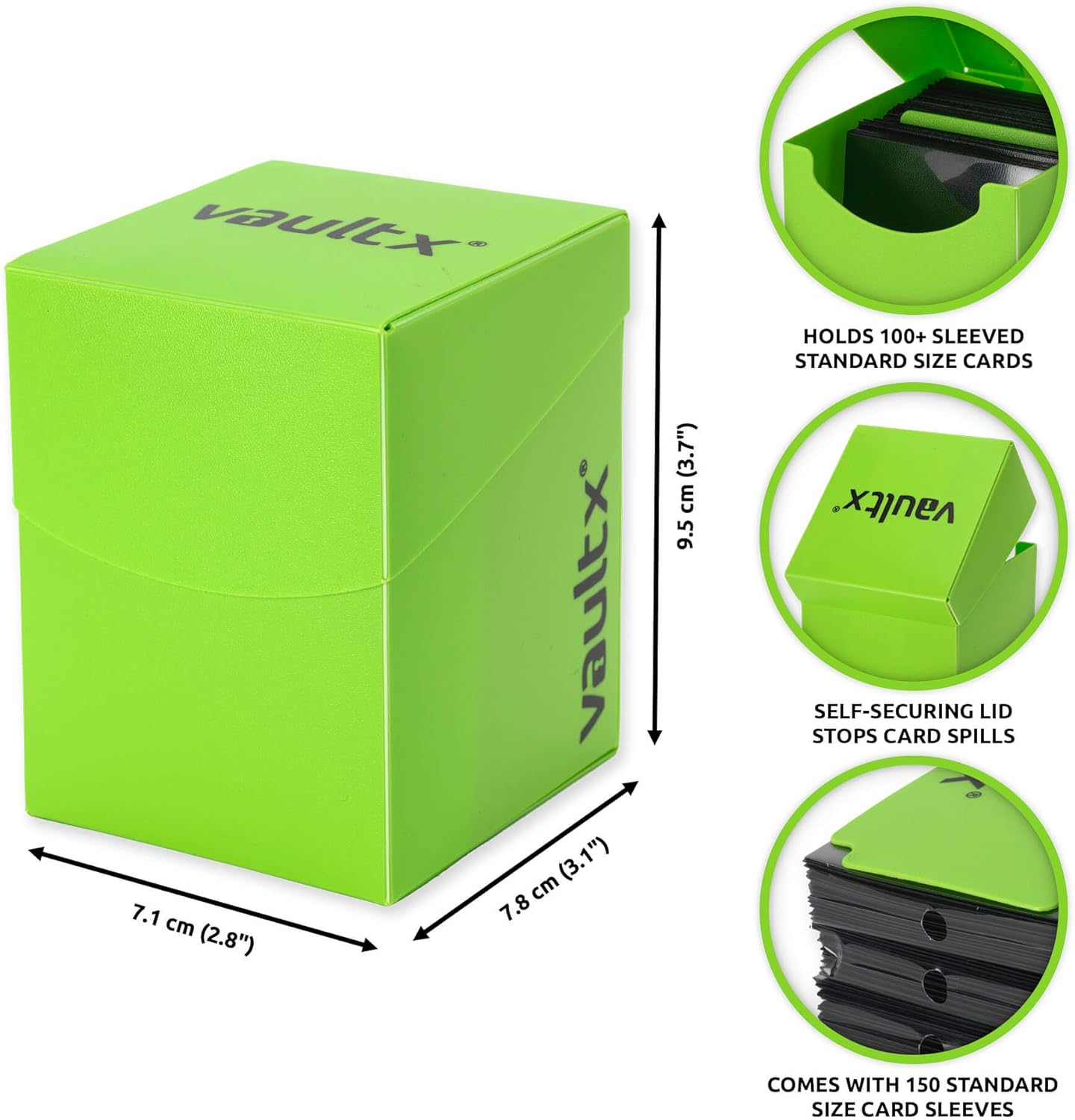 Vault X Trading Card Deck Box and 150 Black Card Sleeves, fits 100+ Sleeved Cards, Large Standard, Card Holder Storage Box, for MTG Commander Game, TCG (Green)