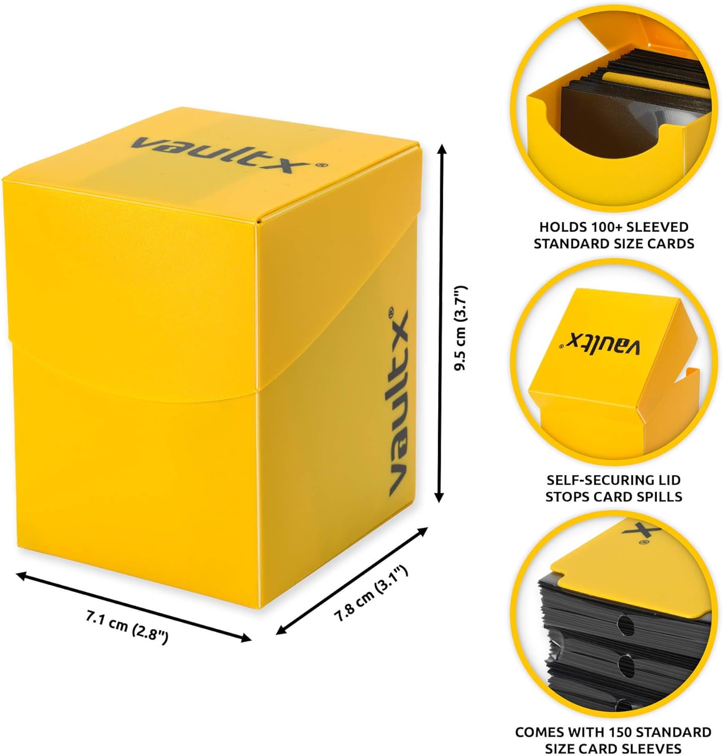 Vault X Trading Card Deck Box and 150 Black Card Sleeves, fits 100+ Sleeved Cards, Large Standard, Card Holder Storage Box, for MTG Commander Game, TCG (Yellow)