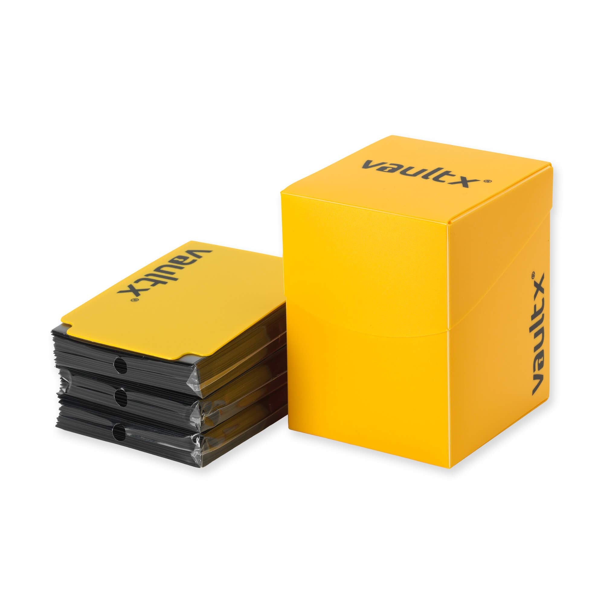 Vault X Trading Card Deck Box and 150 Black Card Sleeves, fits 100+ Sleeved Cards, Large Standard, Card Holder Storage Box, for MTG Commander Game, TCG (Yellow)