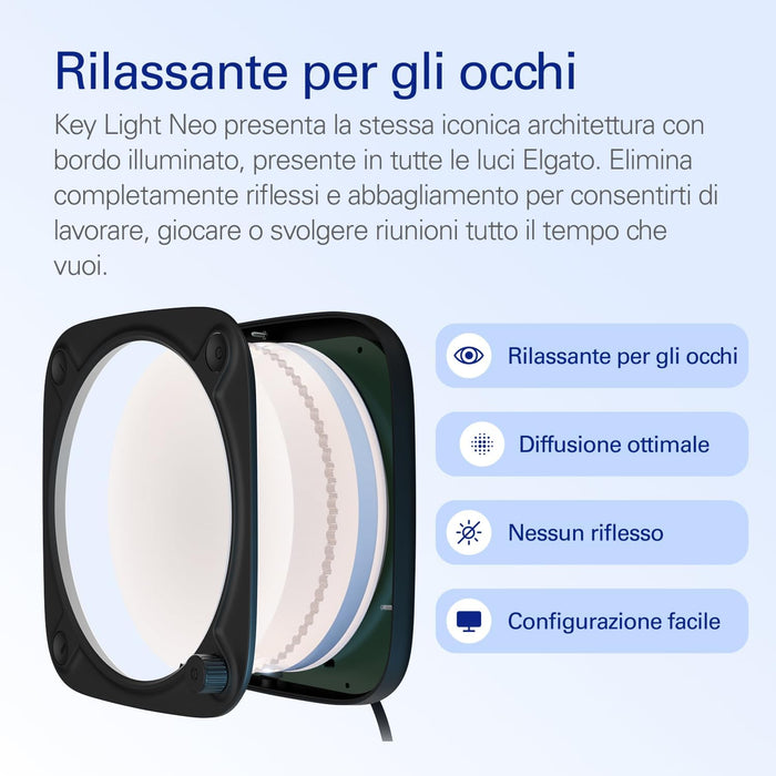 Elgato Key Light Neo con Supporto Monitor Nero - Illuminazione Professionale per Videochiamate e Streaming - Controllo onboard o Wi-Fi - USB - portatile | PC | Mac