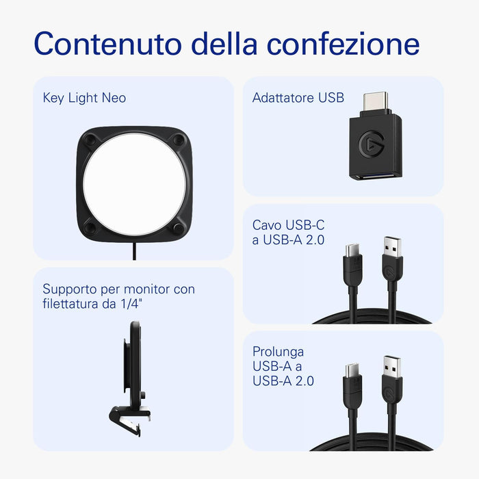 Elgato Key Light Neo con Supporto Monitor Nero - Illuminazione Professionale per Videochiamate e Streaming - Controllo onboard o Wi-Fi - USB - portatile | PC | Mac