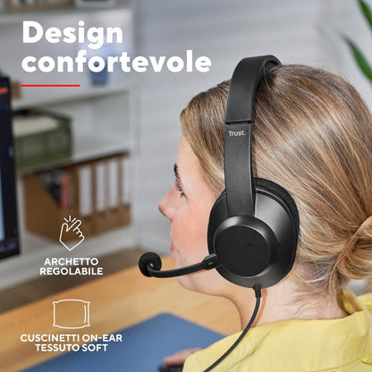 Trust Ayda Max USB Cuffie con Microfono ENC Cancellazione del Rumore, Auricolari con Filo 1,80 m, Mic Noise Cancelling, 85% Plastica Riciclata, Headphones Over-Ear Cablato per PC Laptop Mac, Nero