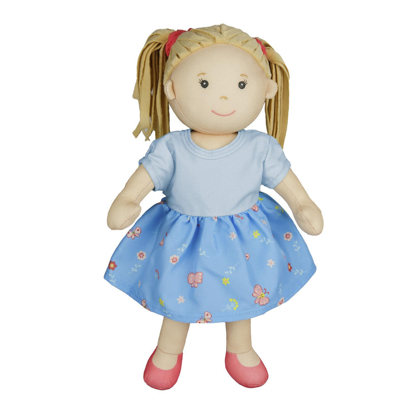 Heless 55 - Lappenpop meisje Nela met blauwe jurk om aan en uit te trekken, ca. 32 cm grote zachte pop om te knuffelen, spelen en lief te hebben