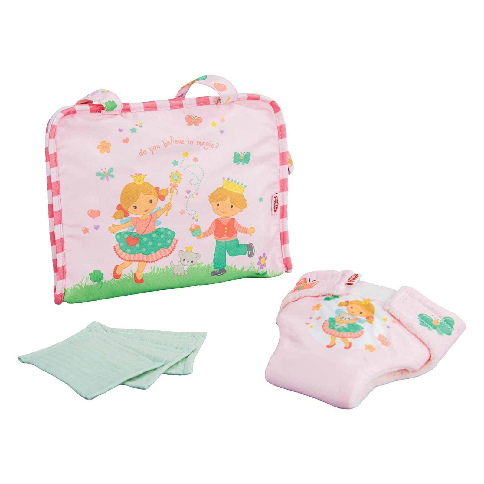 Heless 560 - Poppenaccessoire luiertas ''Prinses Emily'', in roze, met draagbeugel, stoffen luiers en 3 stuks mousseline doekjes