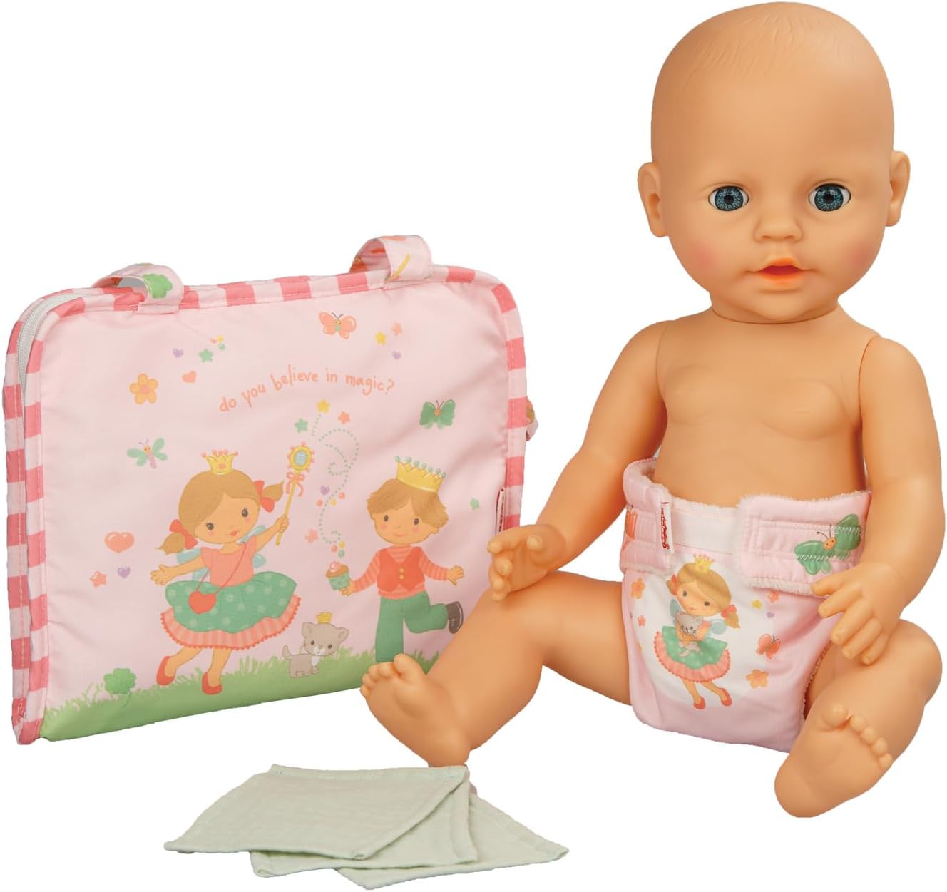 Heless 560 - Poppenaccessoire luiertas ''Prinses Emily'', in roze, met draagbeugel, stoffen luiers en 3 stuks mousseline doekjes