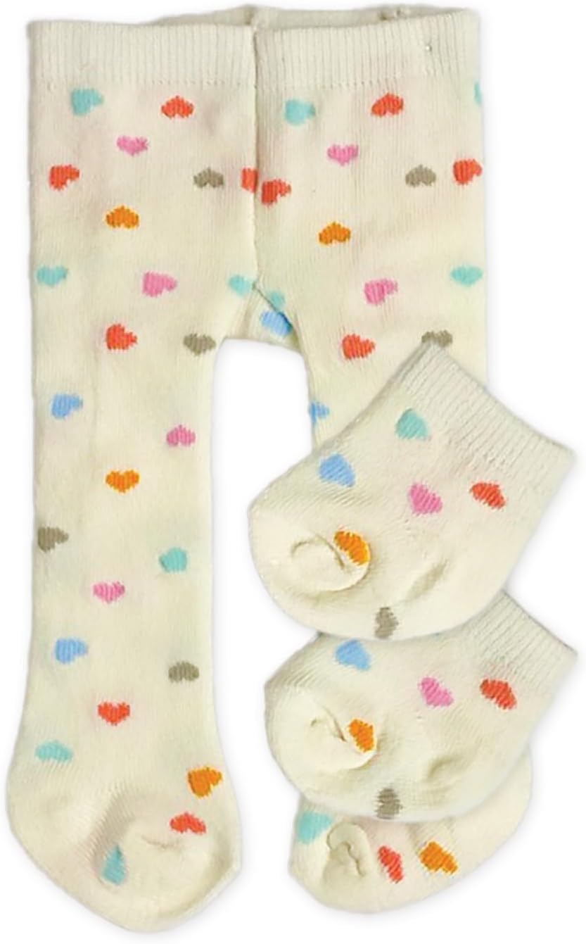 Heless 577 - Poppenmaillot met sokken ''Heart Confetti'', in beige en kleurrijke hartjes, voor poppen en knuffels maat 35-45 cm