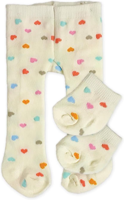 Heless 577 - Poppenmaillot met sokken ''Heart Confetti'', in beige en kleurrijke hartjes, voor poppen en knuffels maat 35-45 cm