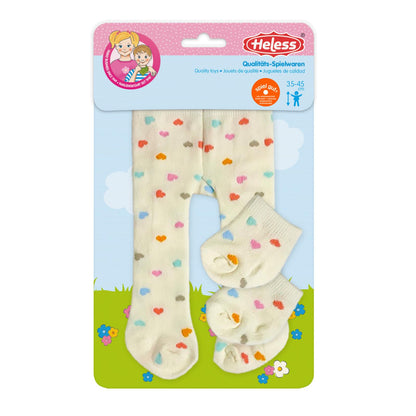 Heless 577 - Poppenmaillot met sokken ''Heart Confetti'', in beige en kleurrijke hartjes, voor poppen en knuffels maat 35-45 cm