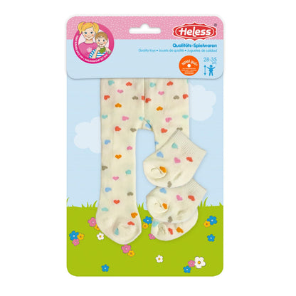 Heless 5771 - Poppenmaillot met sokken ''Hart confetti'', in beige en met kleurrijke hartjes, voor poppen en knuffels maat 28-35 cm