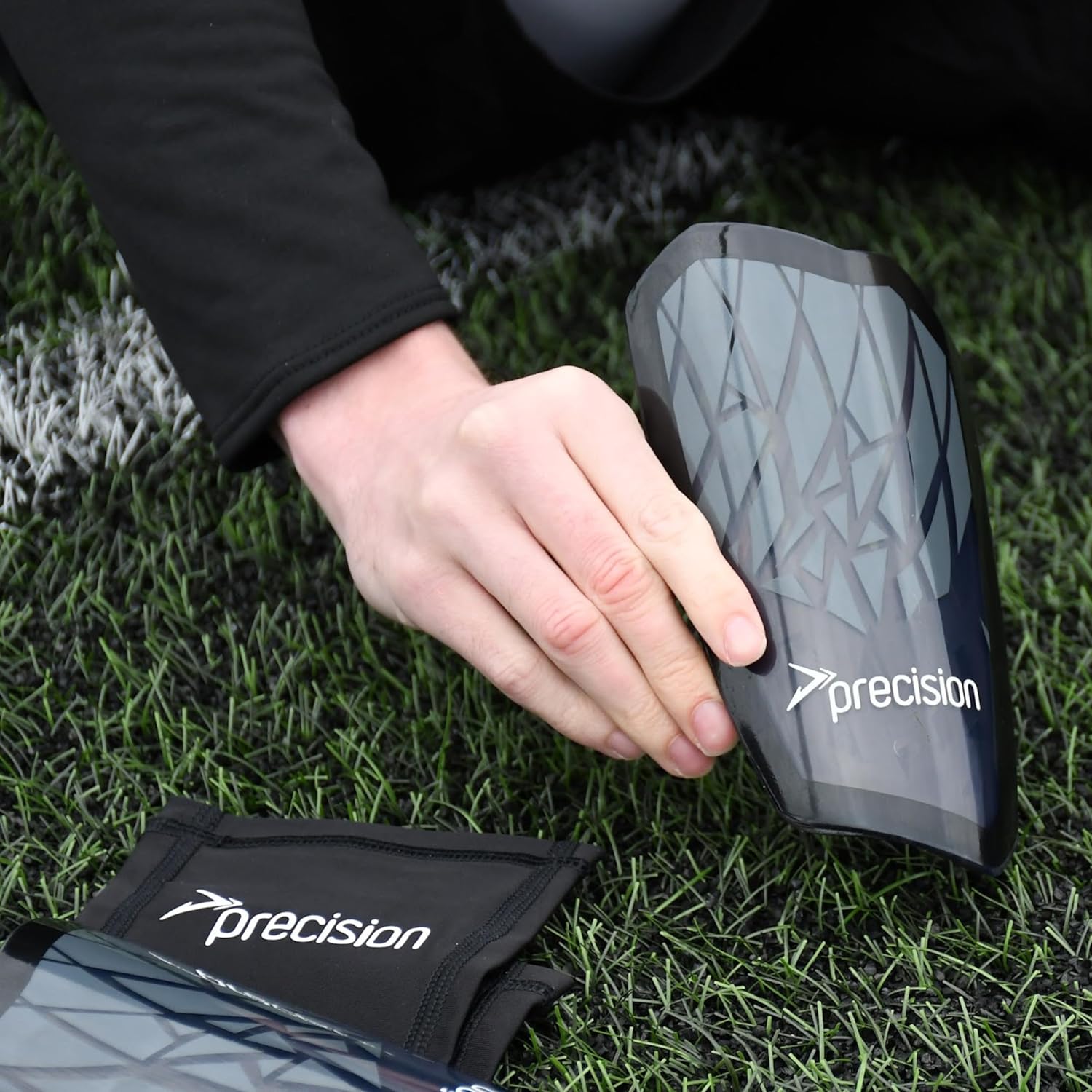 Precision Pro Fusion Flex Shin Guards, Lightweight Football Protection with TPU Shell, EVA Foam Cushioning, Elasticated Sleeves Pads, Black