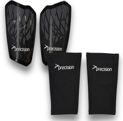 Precision Pro Fusion Flex Shin Guards, Lightweight Football Protection with TPU Shell, EVA Foam Cushioning, Elasticated Sleeves Pads, Black