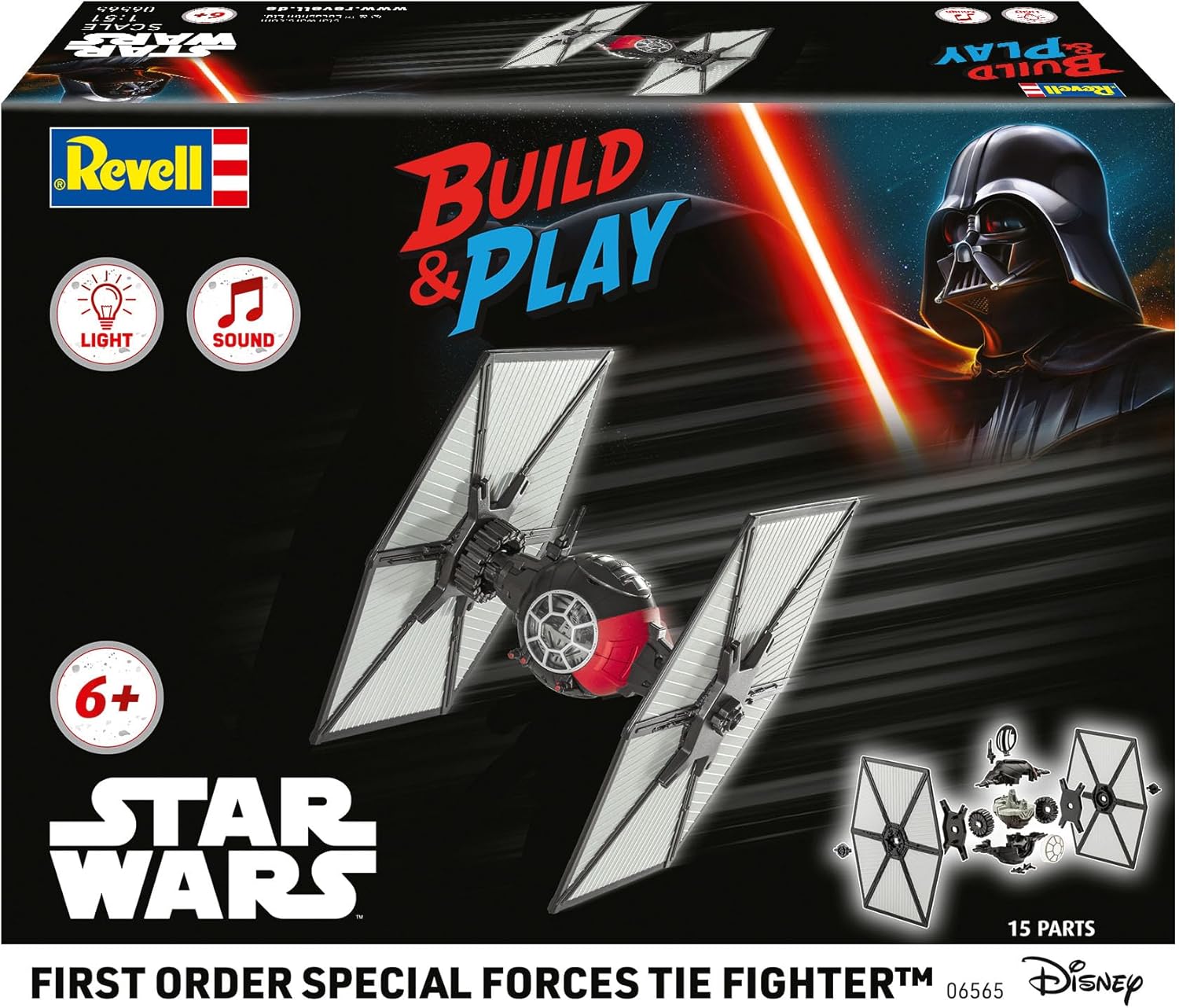 Revell 06565 Build & Play: Star Wars First Order Special Forces TIE Fighter - With Authentic Lights & Sounds - 1:51 Scale Unbuilt Pre-coloured Click-Together Toy - 18 Parts - From 6 Years+