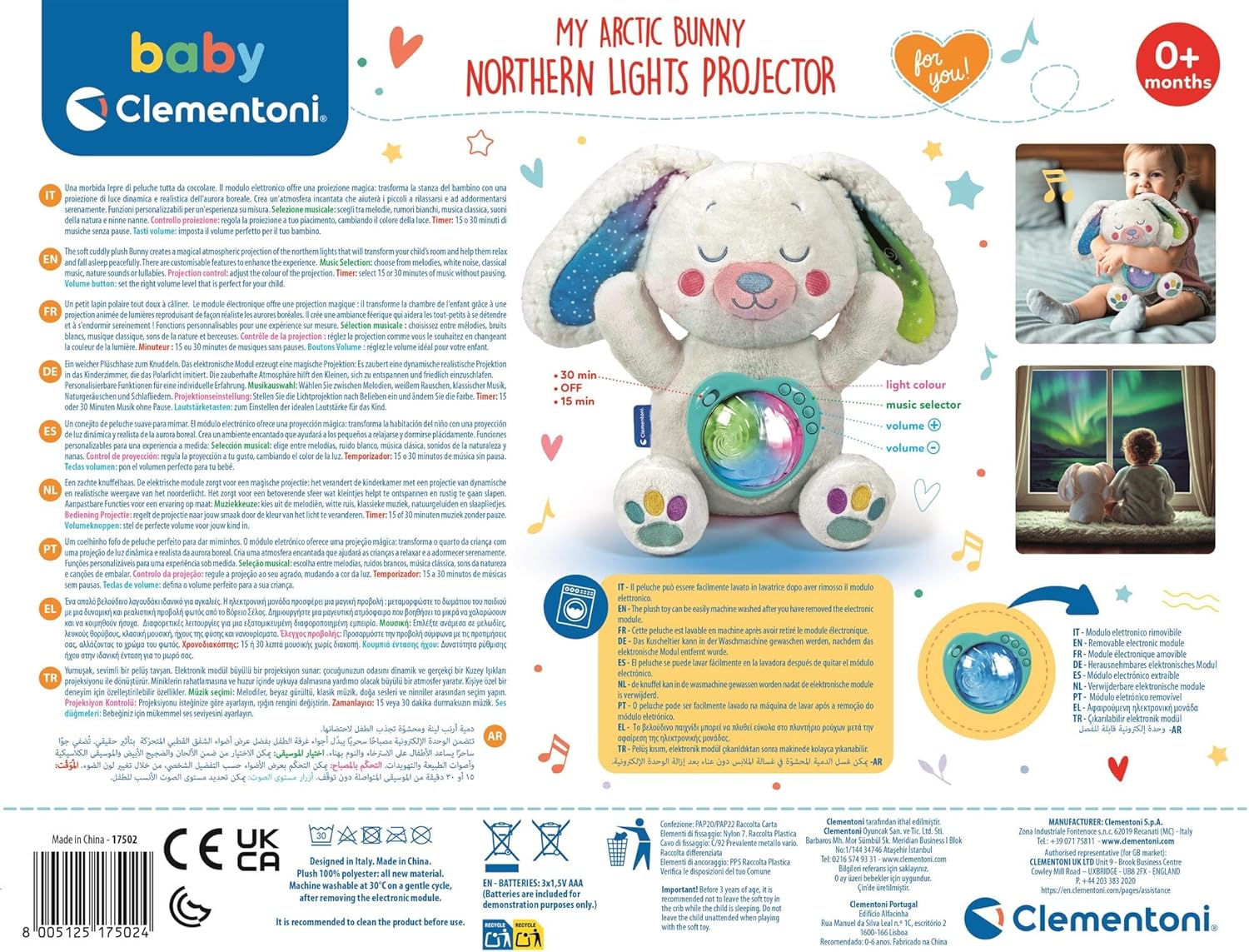 Clementoni Arctic Bunny Projector Plush | Soothing Night Light with Northern Lights, White Noise & Melodies | Removable Module | Machine-Washable Comfort Toy from Birth