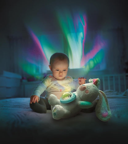Clementoni Arctic Bunny Projector Plush | Soothing Night Light with Northern Lights, White Noise & Melodies | Removable Module | Machine-Washable Comfort Toy from Birth