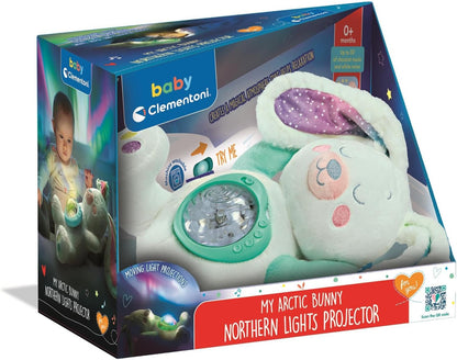 Clementoni Arctic Bunny Projector Plush | Soothing Night Light with Northern Lights, White Noise & Melodies | Removable Module | Machine-Washable Comfort Toy from Birth
