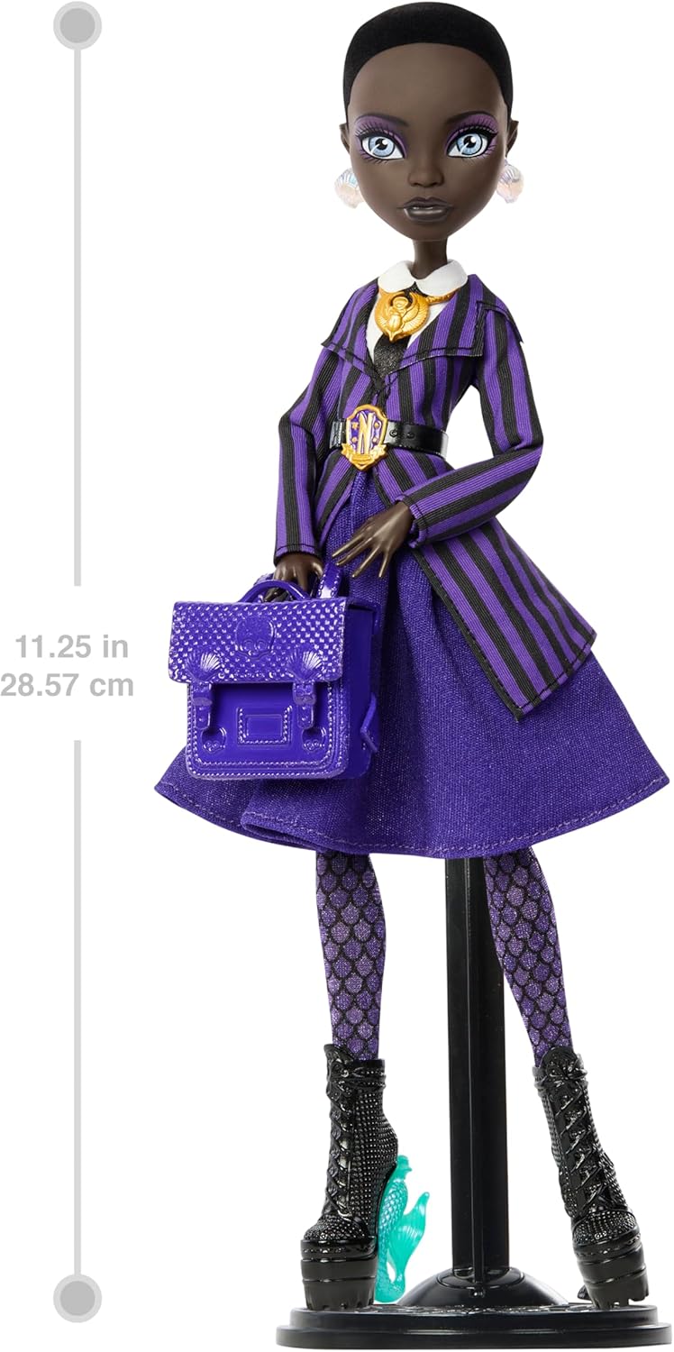 Monster High x Wednesday Doll and Accessories, Bianca Barclay Collectible in Nevermore Academy Uniform with Siren Amulet, Backpack and Doll Stand