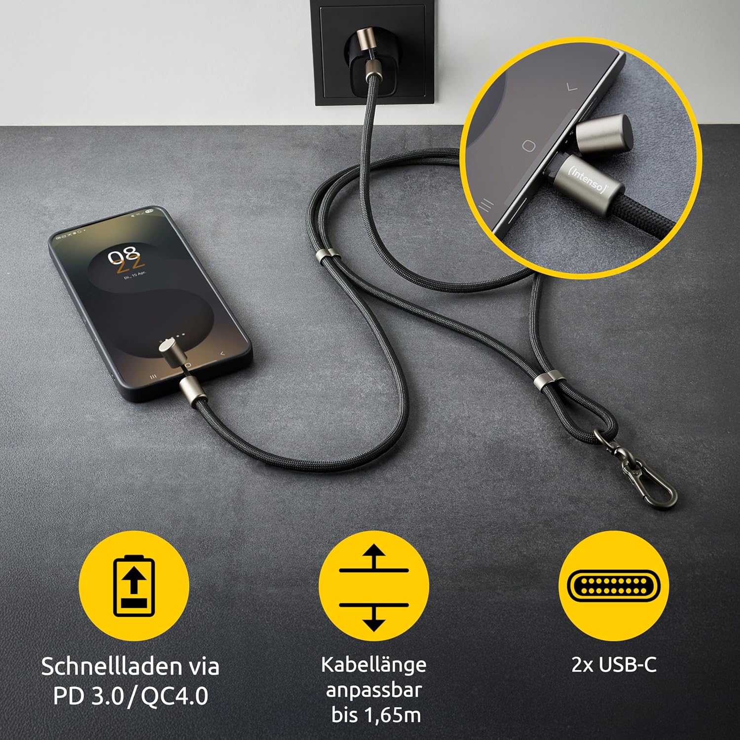 Intenso Cavo di ricarica e dati USB-C per cellulare – 60 W, 480 Mbps, nylon, PD3.0 QC4.0, 1,65 m, regolabile, nero