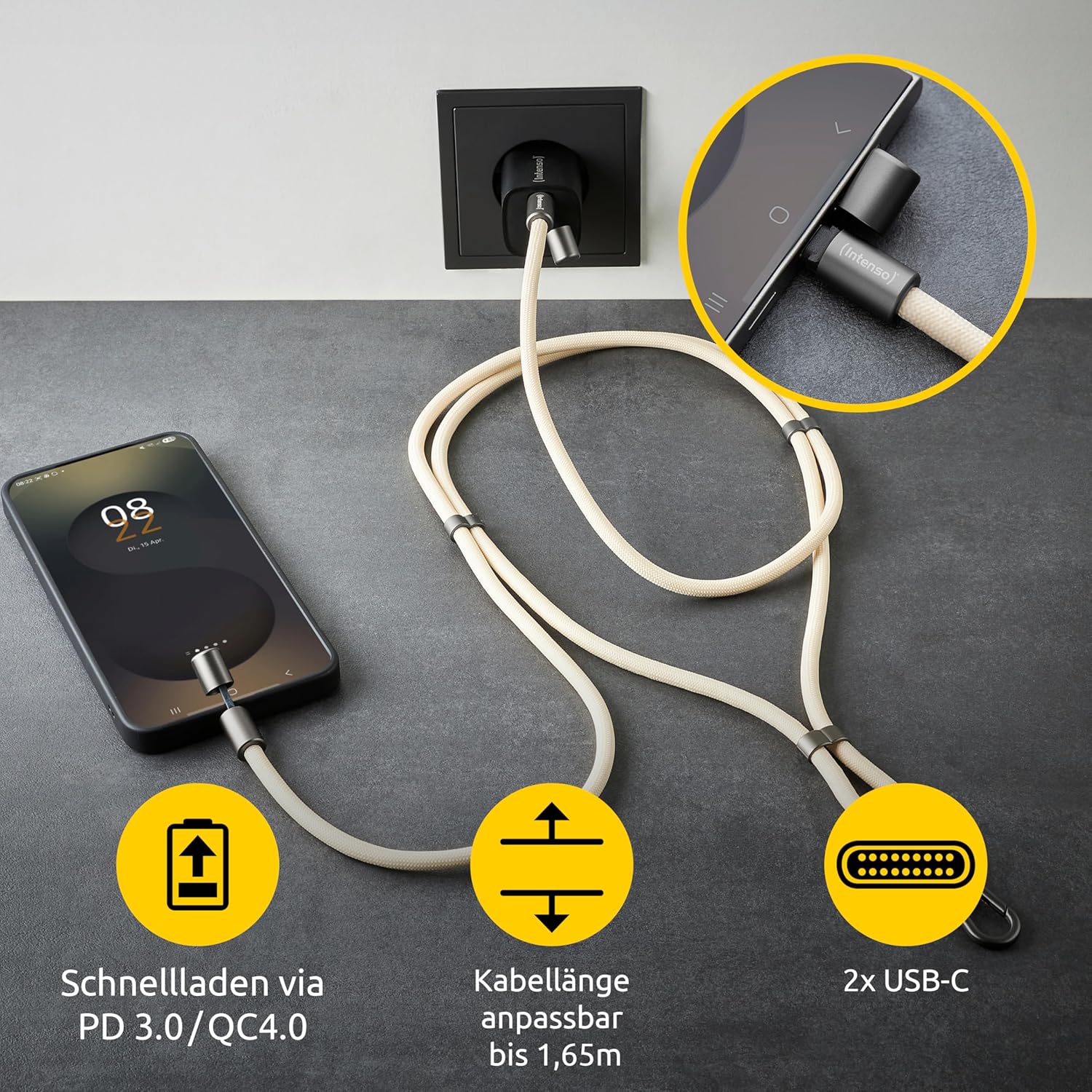 Intenso Cavo di ricarica e dati USB-C per cellulare – 60 W, 480 Mbps, nylon, PD3.0 QC4.0, 1,65 m, misura regolabile, beige