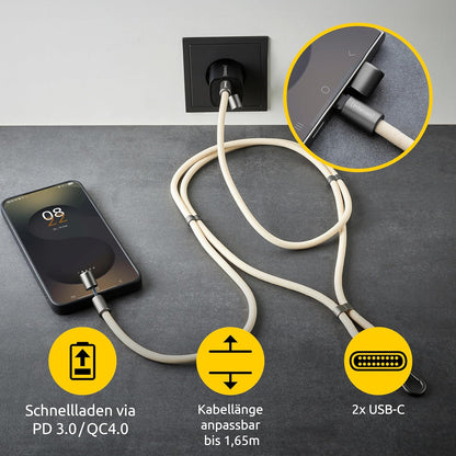 Intenso Cavo di ricarica e dati USB-C per cellulare – 60 W, 480 Mbps, nylon, PD3.0 QC4.0, 1,65 m, misura regolabile, beige