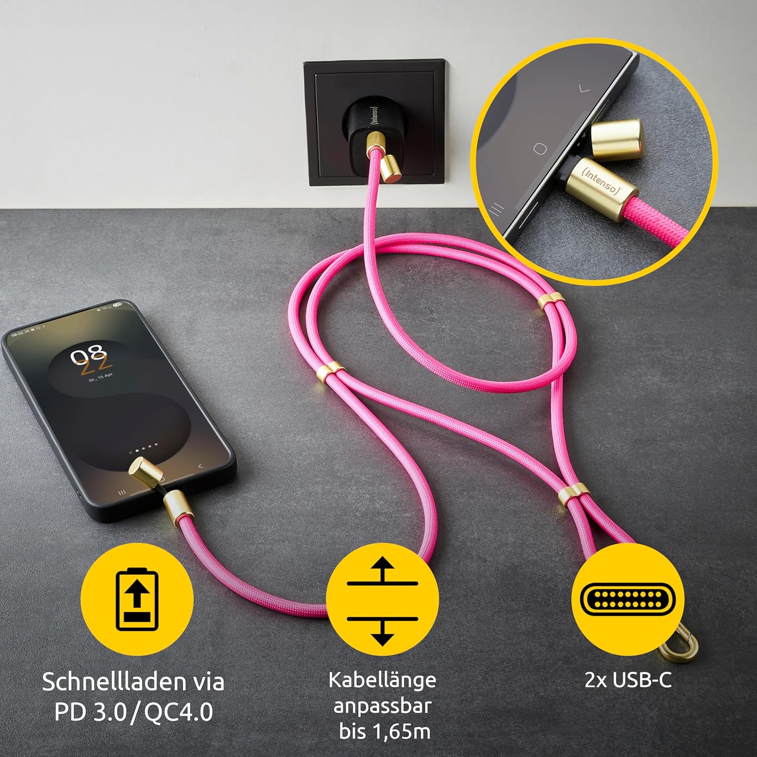 Intenso Cavo di ricarica e dati USB-C per cellulare – 60 W, 480 Mbps, nylon, PD3.0 QC4.0, 1,65 m, misura regolabile, rosa