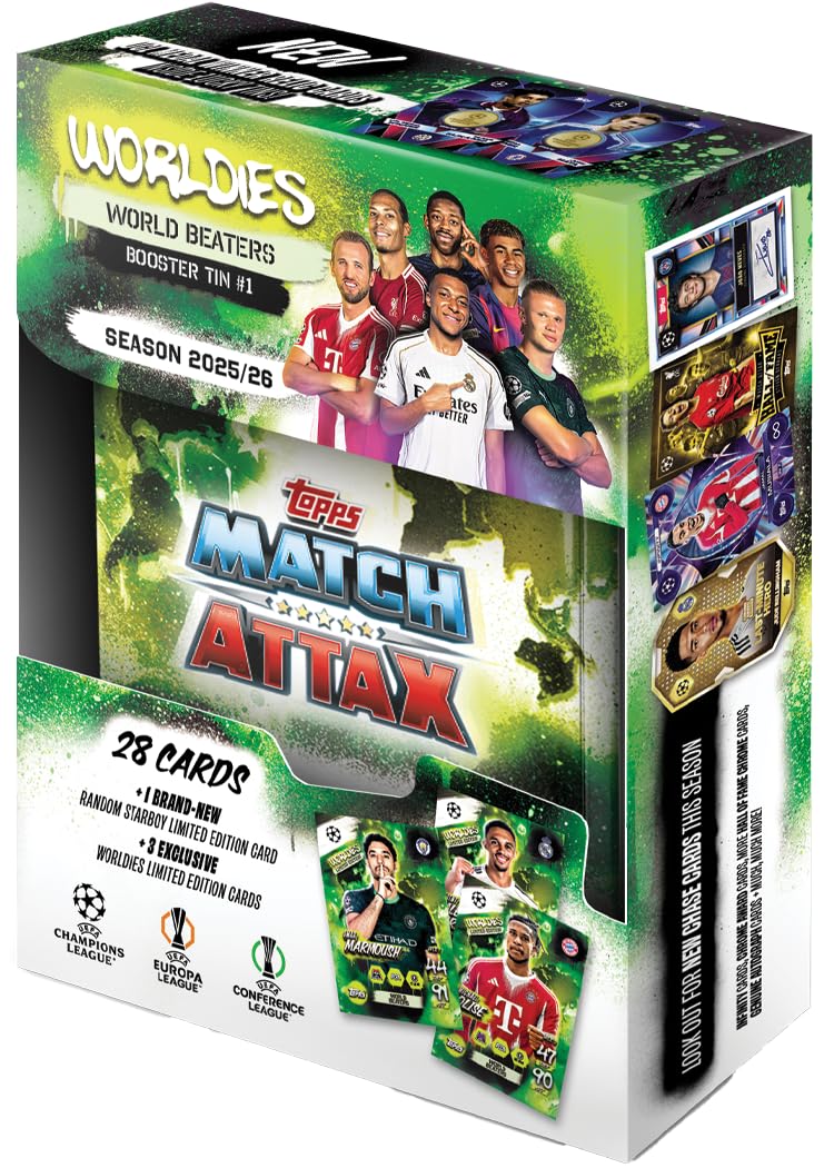 Topps UCC Match Attax 2025/26 - Mini Tin - World Beaters - contains 28 Match Attax cards plus a random Star Boy LE and 3 exclusive 'Worldies' LE cards.