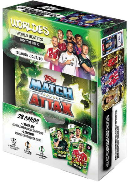 Topps UCC Match Attax 2025/26 - Mini Tin - World Beaters - contains 28 Match Attax cards plus a random Star Boy LE and 3 exclusive 'Worldies' LE cards.