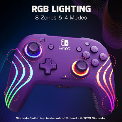 PDP Afterglow Wave Wireless Pro Controller with Full Motion for Nintendo Switch, Nintendo Switch - OLED Model, 8 RGB LED Lighting Zones, 30 Foot Range, 20 Hour Rechargeable Battery Purple