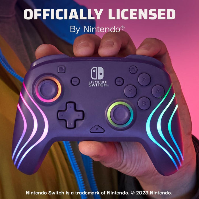 PDP Afterglow Wave Wireless Pro Controller with Full Motion for Nintendo Switch, Nintendo Switch - OLED Model, 8 RGB LED Lighting Zones, 30 Foot Range, 20 Hour Rechargeable Battery Purple