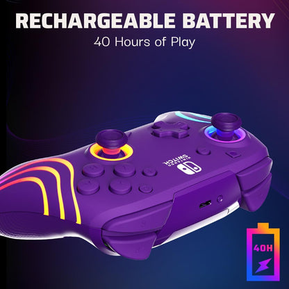 PDP Afterglow Wave Wireless Pro Controller with Full Motion for Nintendo Switch, Nintendo Switch - OLED Model, 8 RGB LED Lighting Zones, 30 Foot Range, 20 Hour Rechargeable Battery Purple