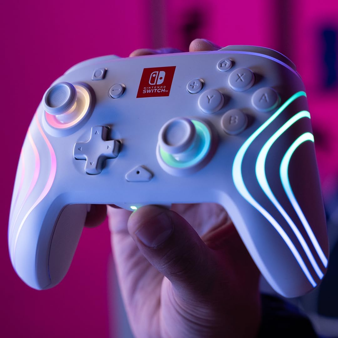 PDP Afterglow Wave Wireless Pro Controller with Full Motion for Nintendo Switch, Nintendo Switch - OLED Model, 8 RGB LED Lighting Zones, 30 Foot Range, 20 Hour Rechargeable Battery White