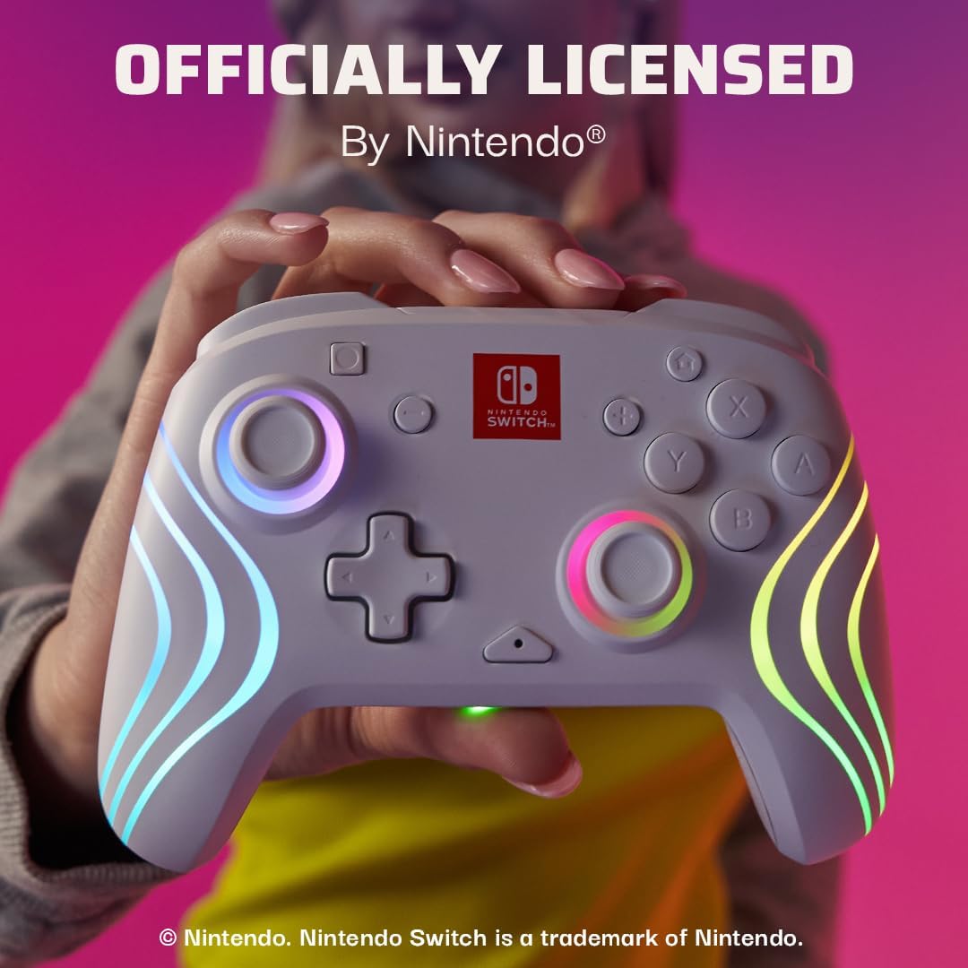 PDP Afterglow Wave Wireless Pro Controller with Full Motion for Nintendo Switch, Nintendo Switch - OLED Model, 8 RGB LED Lighting Zones, 30 Foot Range, 20 Hour Rechargeable Battery White