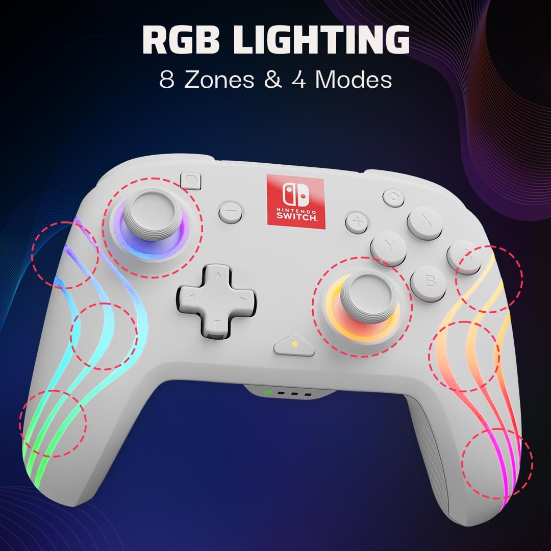 PDP Afterglow Wave Wireless Pro Controller with Full Motion for Nintendo Switch, Nintendo Switch - OLED Model, 8 RGB LED Lighting Zones, 30 Foot Range, 20 Hour Rechargeable Battery White