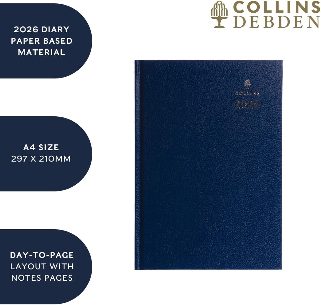 Collins - Desk - 2026 12 Month Calendar Year Planner, Day-To-Page Diary, A4 Hard Cover - Black (44.99-26