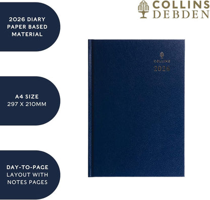 Collins - Desk - 2026 12 Month Calendar Year Planner, Day-To-Page Diary, A4 Hard Cover - Blue (44.60-26